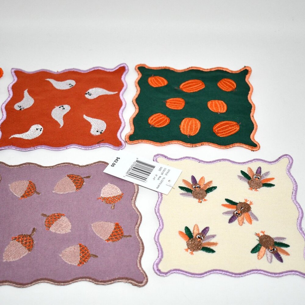 Furbish Fall Embroidered Cocktail Napkin, Set of 6 #CKTL-NAP-1 NWT - Picture 3 of 5